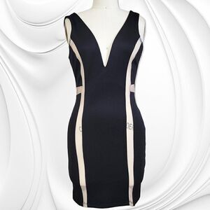 Solemio black nude-color sheer accents deep plunge dress